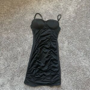 Black Ruched Slip Dress with Built-In Cups